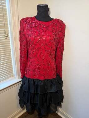 Vintage 80s Garfinckels Red and Black Sequin Beaded Cocktail Dress
